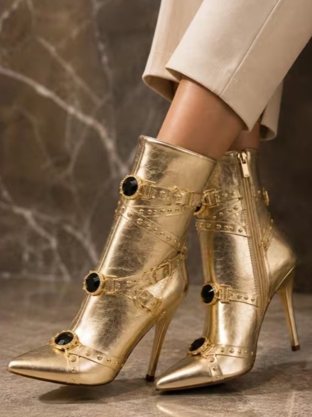 Chic Metallic Gold Black Stone Embellished Pointed-Toe Stiletto Ankle Boots